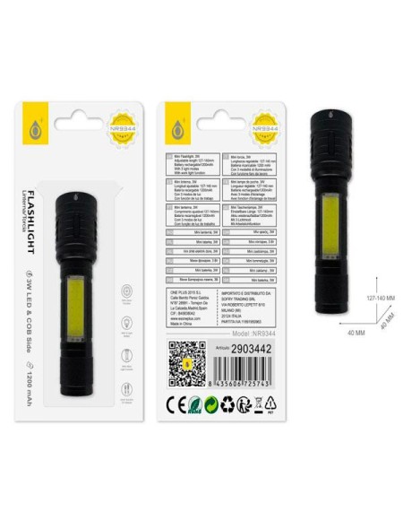 Linterna LED NR9344  / luz lateral / funcion zoom / 3 modos de luz / Bateria recargable 120mAh / Negro