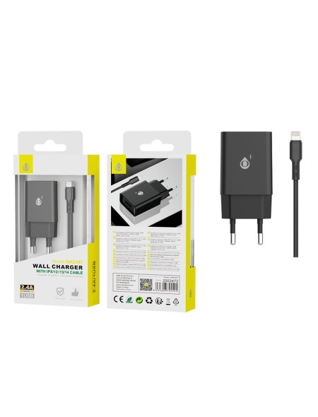 Cargador de red Usb + Cable Lightning Iphone 8-14 / 12w / Negro / NA0347 / One+