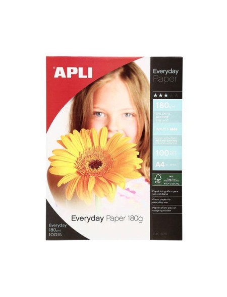 Papel Fotografico Apli A4 / 180 gr./ 100 Hojas / Acabado brillante / 11475