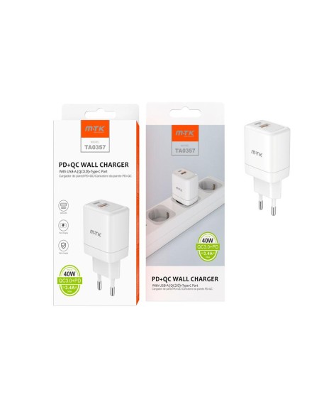 Cargador rápido de red Taylor Usb QC3.0 + Type-C / 40W / 3.4 A / Blanco / TA0357 / MTK